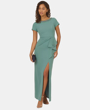 Adrianna Papell Crepe Embellished-Neckline Column Sheath Gown - Green Slate - 4