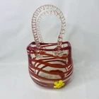 Vintage Murano Style Red & Clear Candy Striped Glass Decore Vase Purse Handbag