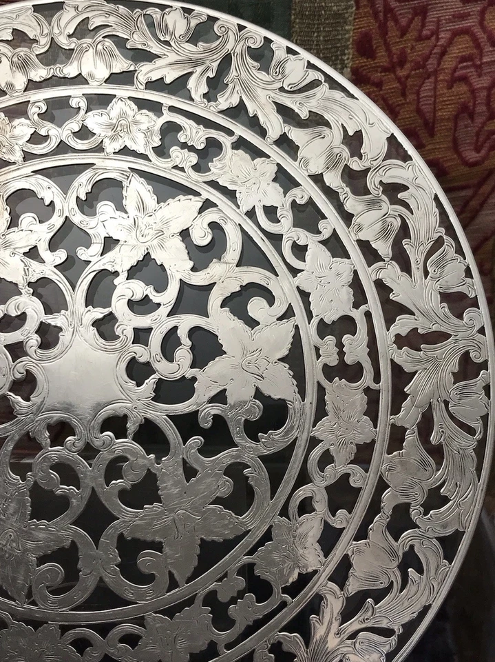 "Remache de vidrio vintage Webster con superposición de plata de ley de 8"" de diámetro" Foto 3 de 4