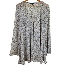 For Love & Lemons Ivory Blue Purple Floral Long Sleeve Sheer Dress L