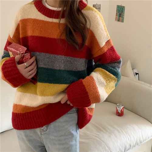 Womens Cardigan Waistcoat Pullover Tops Casual Rainbow Striped Knitted Sweater - Picture 5 of 12