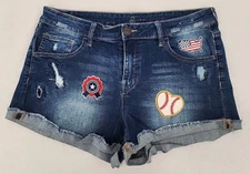 SO Junior's 17 Cut Off Blue Jean Shorts Upcycled Custom Patches Baseball USA