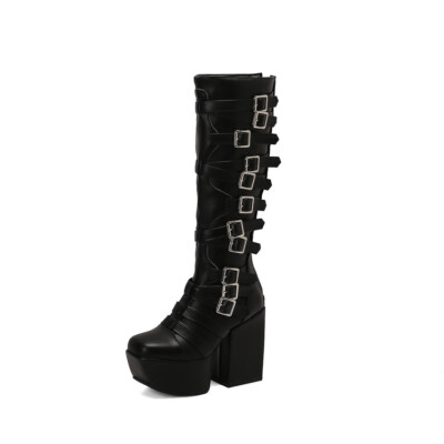 Women's Fashion Multi Buckle Straps Platform Block Heel Knight Boots Shoes 