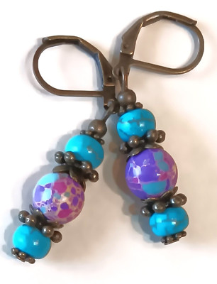 TURQUOISE MOSAIC HOWLITE earring BRONZE LEVERBACK artisan XX