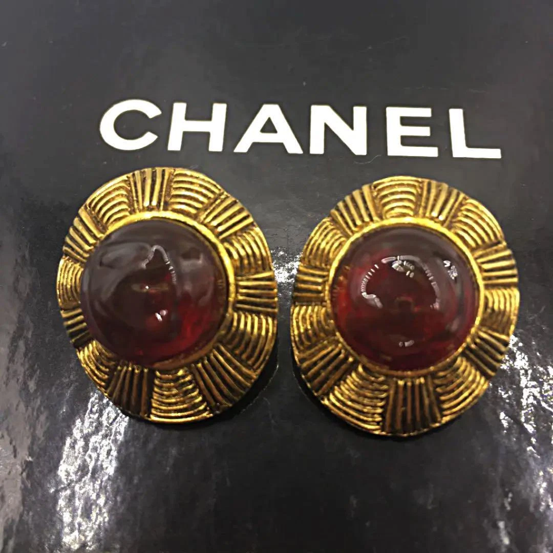 Vintage CHANEL Earrings Gripoix Round Gold / Red Made in France