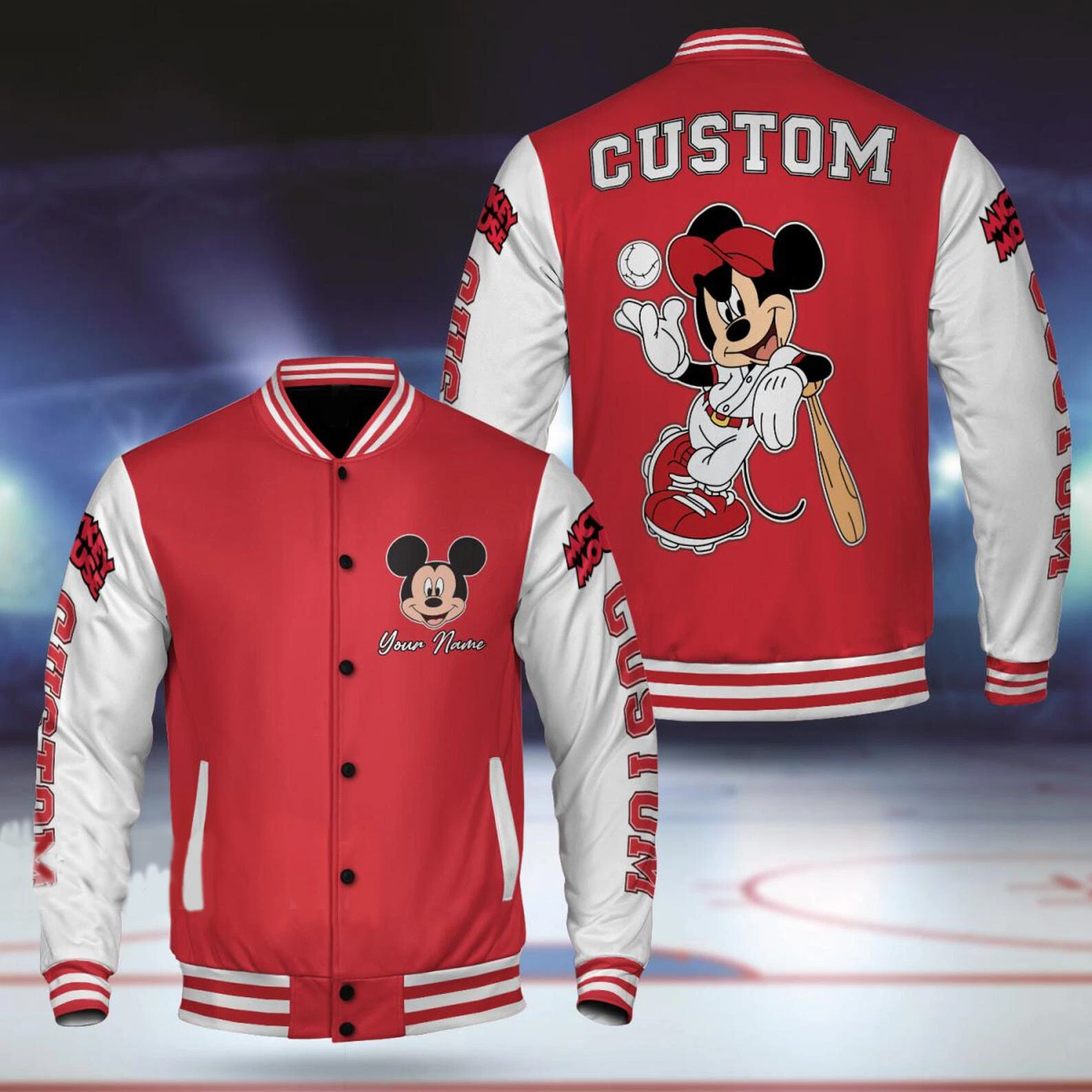 Personalize Let's Play Baseball With Mickey Mouse Red & White Baseball Jacket