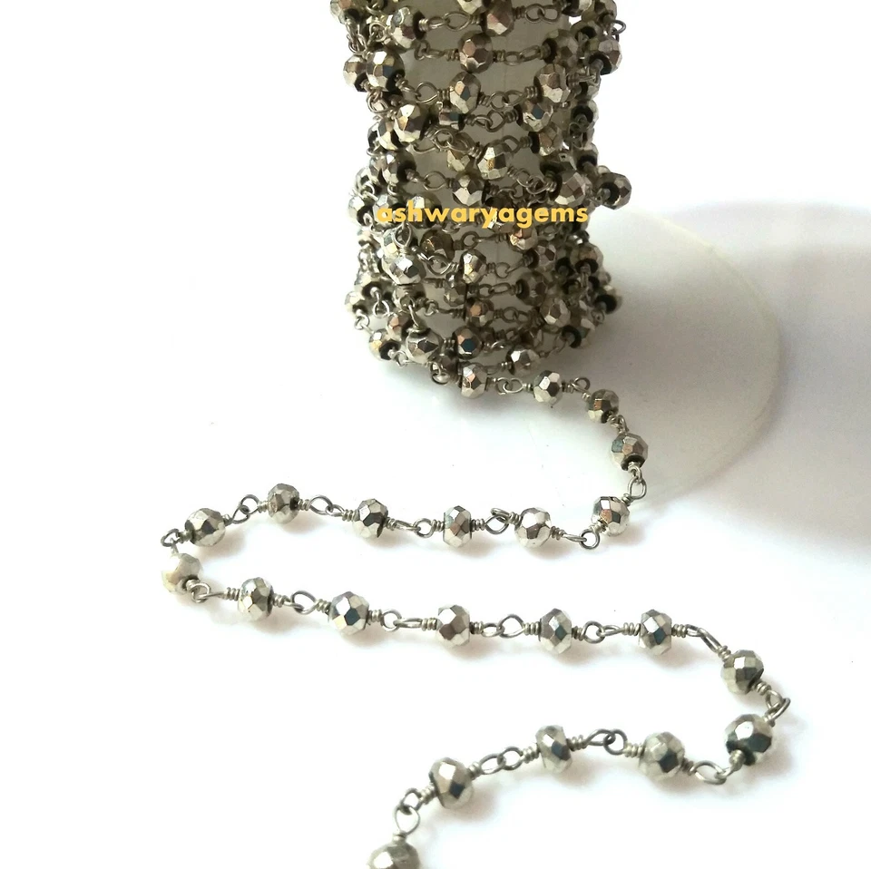 Perline di pirite argento 3 mm rosario catena di perline filo placcato argent... - Immagine 4 di 4
