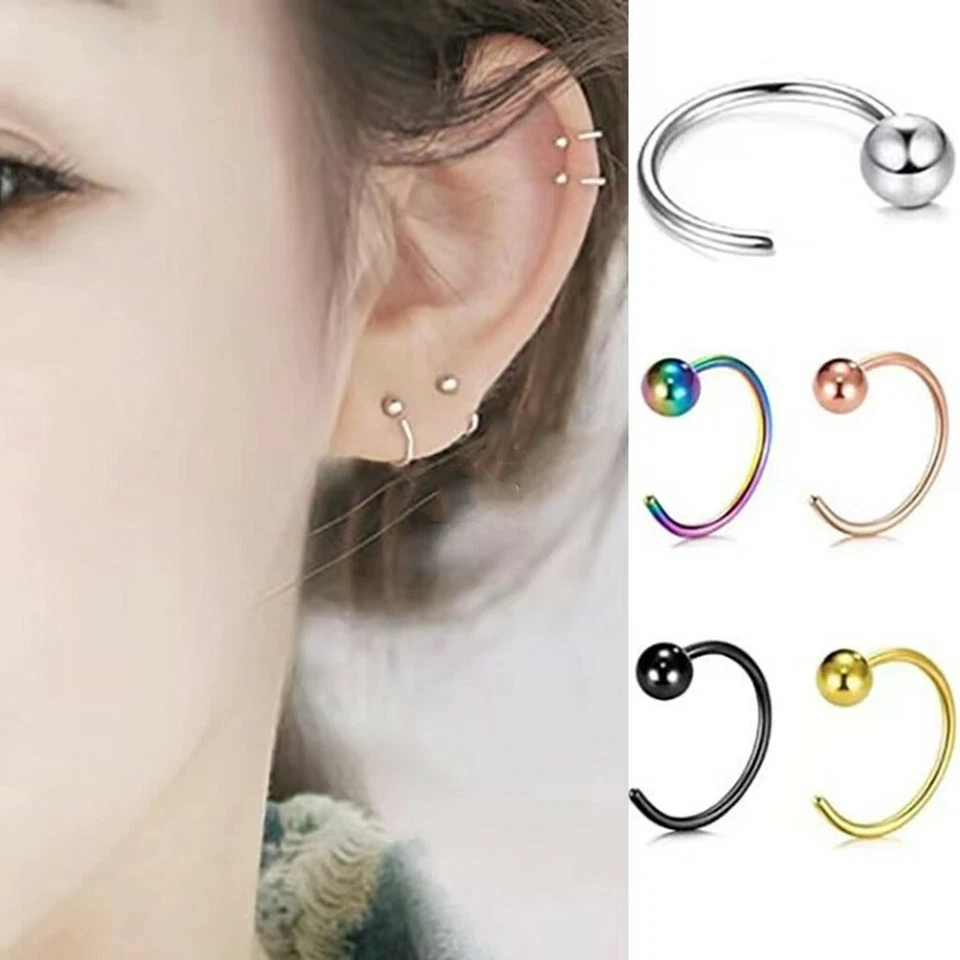 Pendientes de aro en C abiertos de acero quirúrgico de 5 piezas con pasador de hueso de oreja bola simple sin alergias Foto 4 de 4