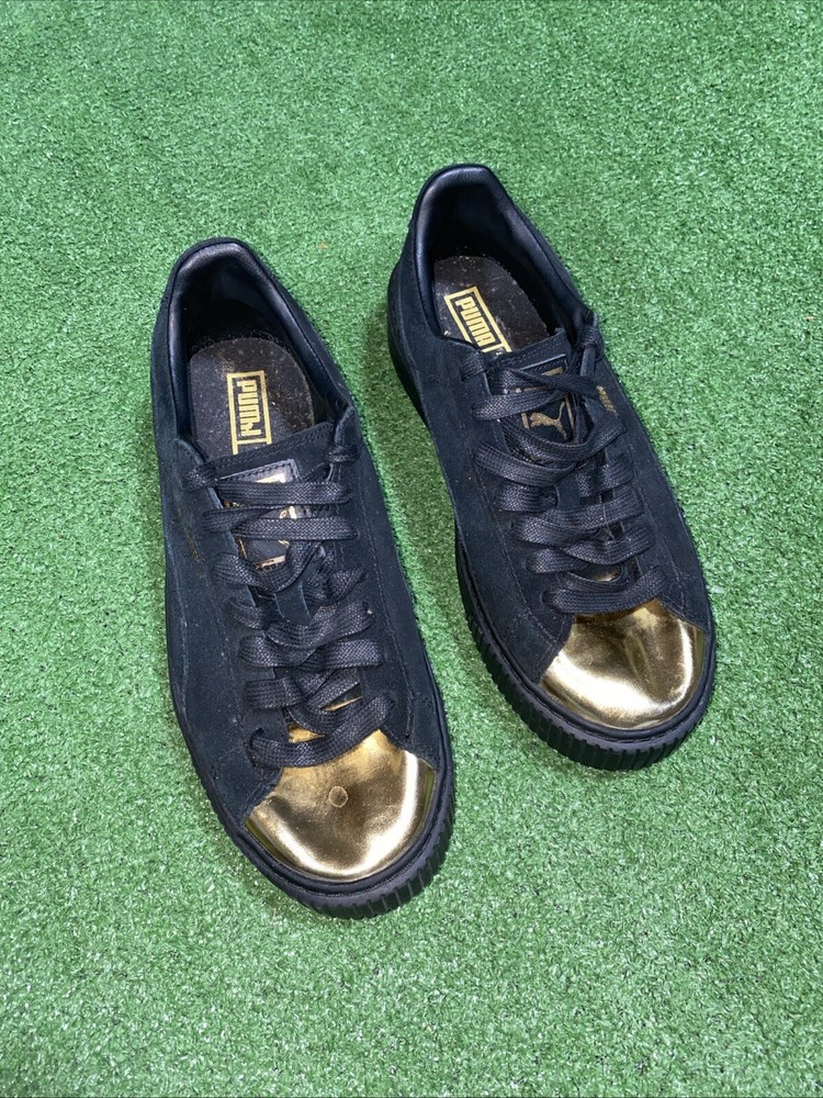 Puma Classic Womens Low Top Black Suede Athletic Shoes Size 9 US Gold Accents
