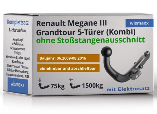 AHK für Renault Megane 3 Grandtour 09-16 abnehmbar BRINK +13pol E-Satz ECS