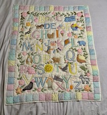 RARE Animals quilt baby blanket wall hanging ABC Alphabet Pastel Embroidered 90s