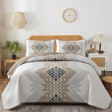 Brown Boho Quilt Set King,3 Pieces Aztec Texture Quilt with 2 Pillowcases,Bohemi