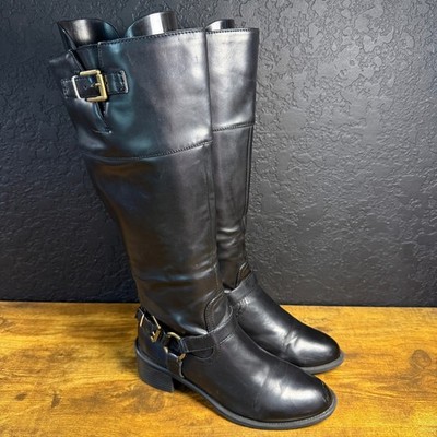 Chaps Riding Harness Black Faux Leather Knee High Boots Womens 7.5B