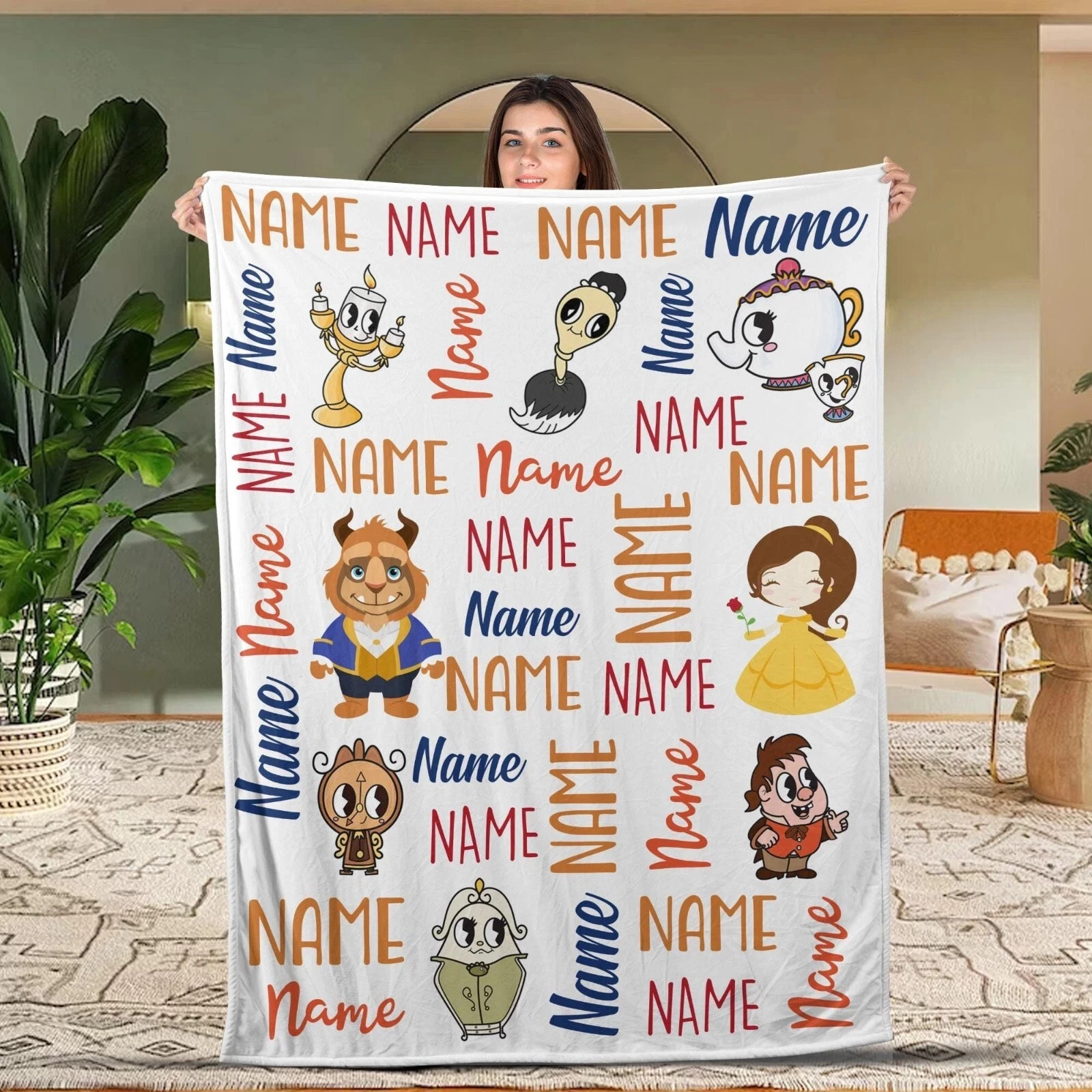 Personalized Disney Beauty And The Beast Blanket, Custom Name Fleece Blanket