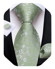 Mens Tie Set Silk Solid Paisley Necktie and Pocket Square Cufflinks Sage Green