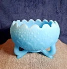 VINTAGE FENTON BABY BLUE SATIN GLASS 3 FOOTED NUT BOWL (Orange Tree Pattern)