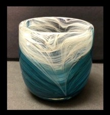 Hand Blown Art Glass Vase Blue Teal White Swirl Heavy Modern Coastal Decor