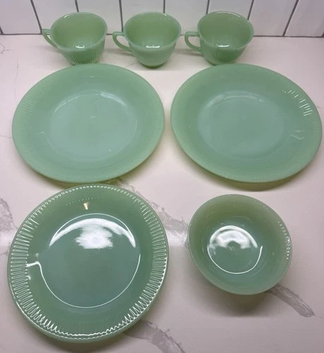 VTG Fire King Oven Ware Jadite Mixed Lot 8" Plate, 9" Plates, 5" Bowl And 3 Mugs