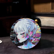 2D Flat, 8x8 Inch Round Aluminum Wall Art - Anime Girl with Gradient Hair & Neon