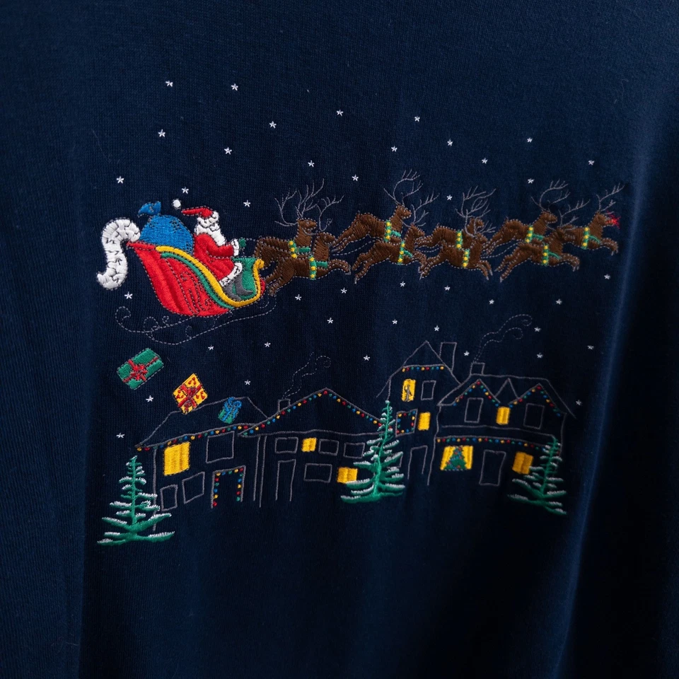 复古 90 年代圣诞运动衫 M 码圣诞老人雪橇刺绣海军蓝奶奶 — 第 3/4 张图片