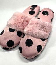 VICTORIA'S SECRET PINK POLKA DOT SATIN FAUX FUR WOMEN SOFT SLIPPERS LARGE NEW
