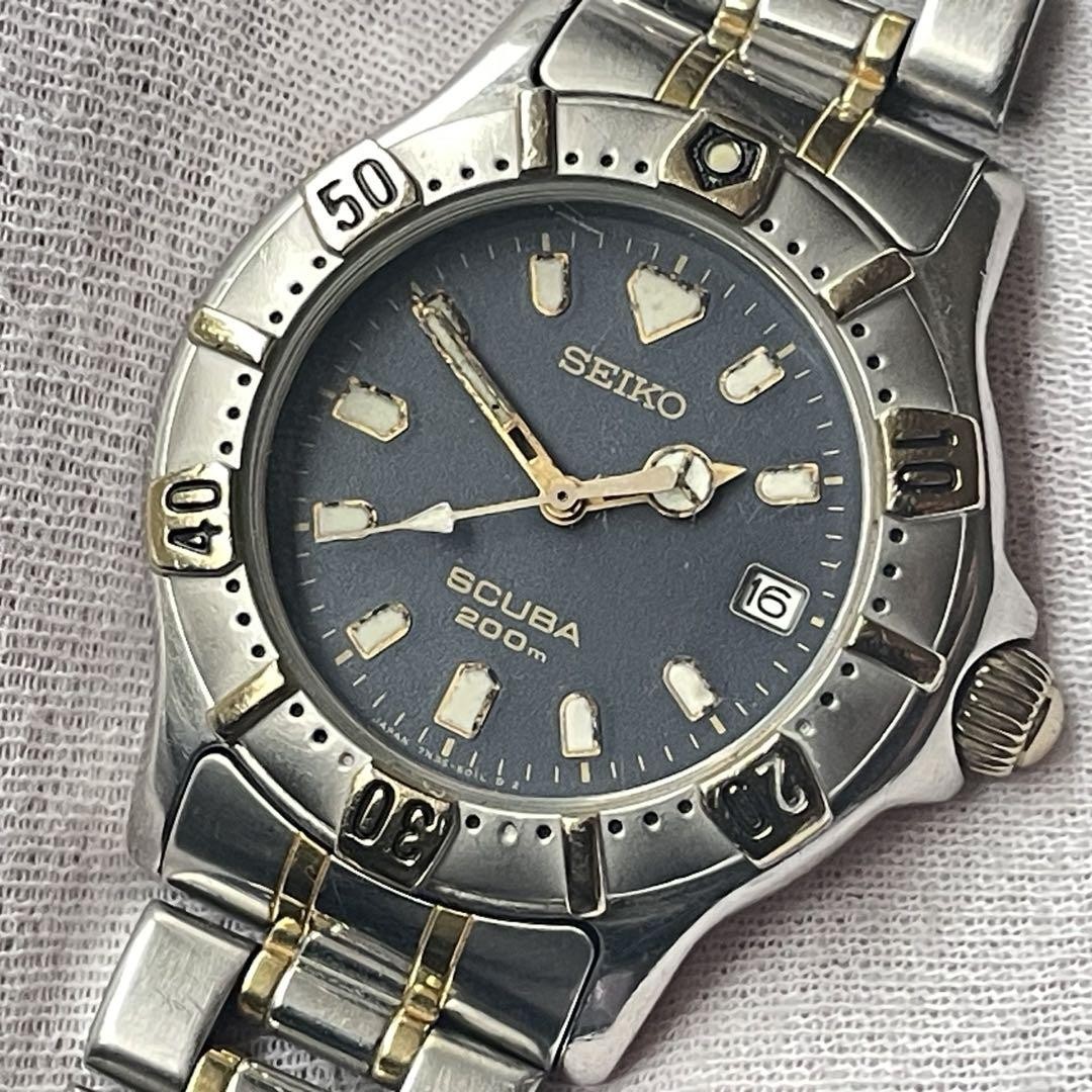 [美品 ]SEIKO SCUBA 200m ダイバーズ腕時計 7N35-6020 SEIKO SCUBA AIR DIVER 200m 7N35-6020 Mens Watch Silver Gold