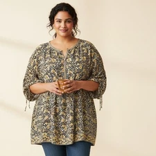 Max Studio Floral Top Womens Size 2X Black Yellow Babydoll Popover Henley Blouse