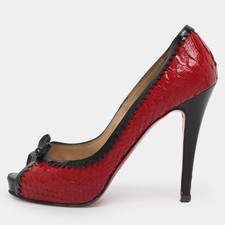 Christian Louboutin RedBlack Python Leather Bow Very Prive PeepToe Pumps Size