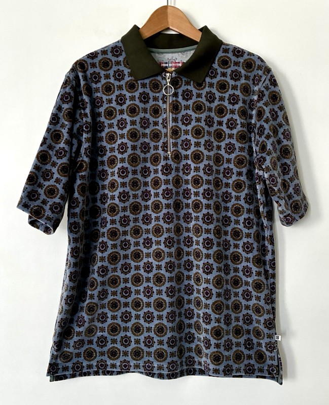 Urban Outfitters Men’s Velour  Polo Zip Blue Olive Pattern Size S