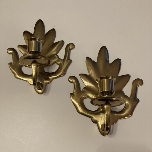 Vintage Brass Wall Sconces Set of 2 Taper Candlestick Holders Leaf MCM