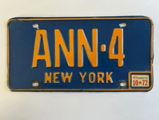 1972 New York License Plate Vanity "Reserved Series" Motorist's Name ANN