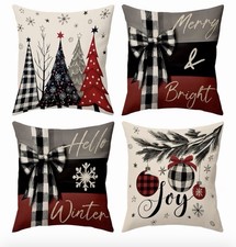 Set Of 4 Christmas Throw Pillow Covers 18x18, Christmas Pine Tree Snowflake