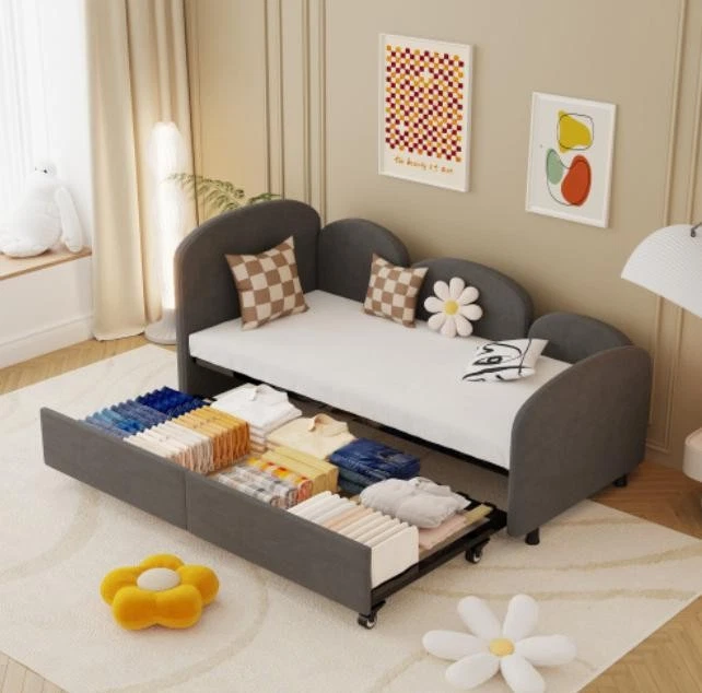 Twin Size Velvet Upholstered Daybed Sofa Bed Frame Living RoomBedroom Gray Beige