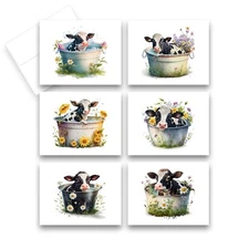 12 Assorted All Occasion Note Cards Blank Greeting Cards - COW BATH ( 2 of Each)