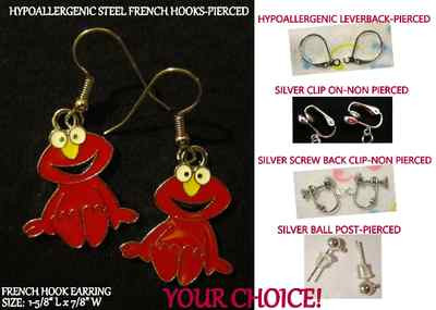 Elmo Earrings OR Necklace *OPTIONS* Hypoallergenic OR Clip On
