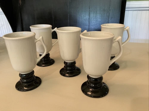 Vintage Hall 1273 Cream & Black Coffee Mugs Set Of 5