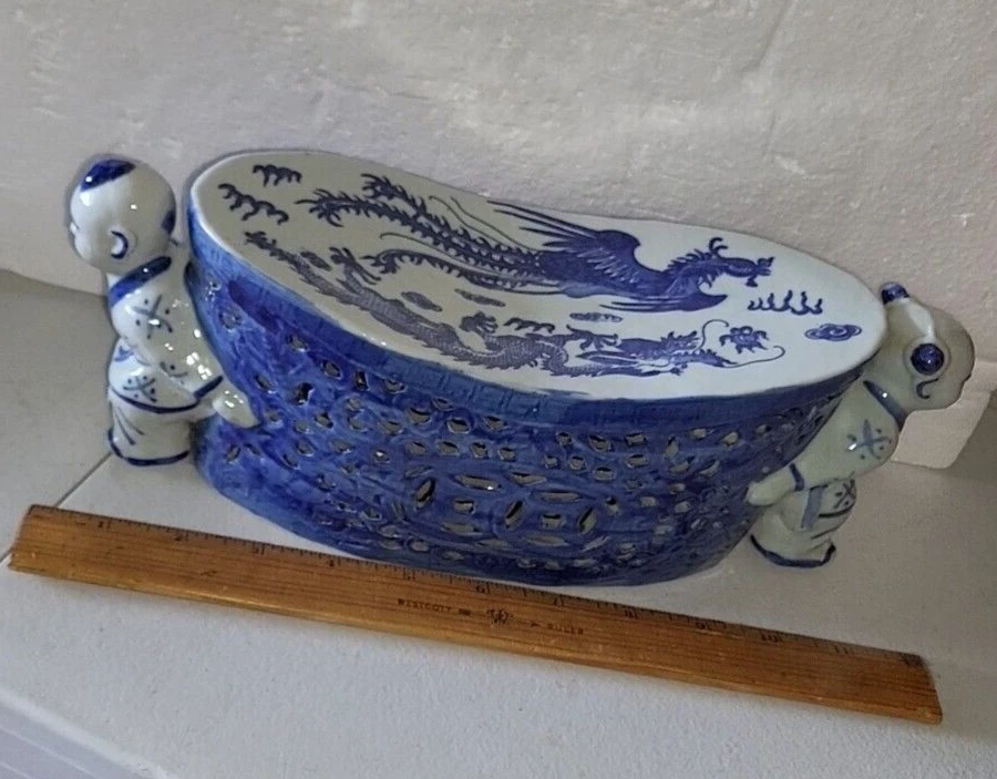 Antiguo reposacabezas de porcelana PAT chino opio azul blanco niño/niña dragón fénix Foto 2 de 4