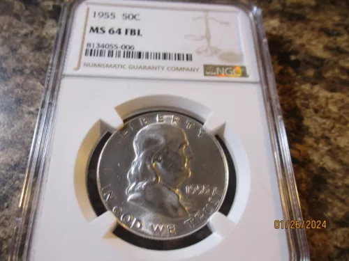 1955 FRANKLIN SILVER HALF DOLLAR NGC MS64 FBL   006