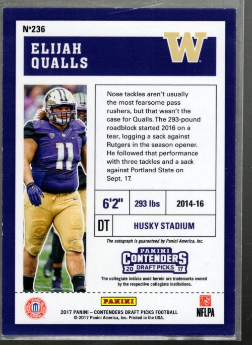 B4630- 2017 Panini Contenders Draft Picks #236 Elijah Qualls RC Auto - Image 2 of 2