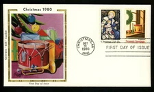 CHRISTMAS MADONNA & CHILD & TOYS COMBO DRUM 1980 COLORANO SILK CACHET FDC UNADDR