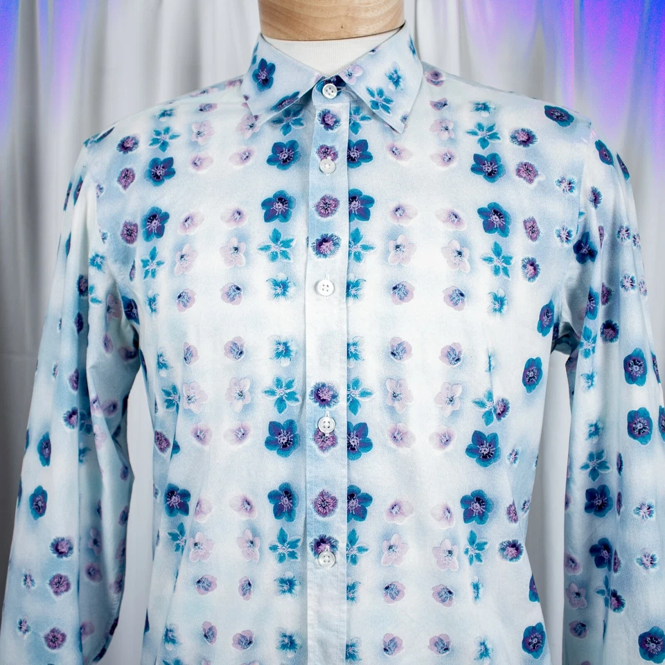 HUGO BOSS Blue Purple LavenderTurquoise Floral Cotton Men Shirt Size M - Image 3 of 4