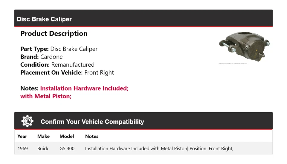 Pinça de freio a disco dianteira direita Cardone Buick GS 400 1969 - Imagem 2 de 4