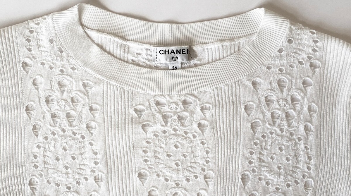 $3950 CHANEL 20P WHITE CROCHET LACE KNIT CC LOGO DRESS 36 | eBay