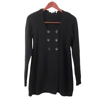 Vince Wool Cashmere Ribbed Double Breasted Button Cardigan Black