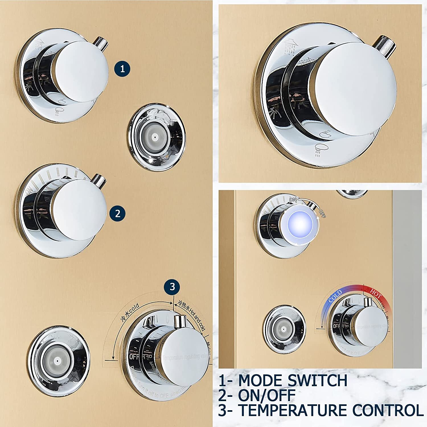 LED Brushed Gold Shower Tower Panel Faucet Stainless Steel Rain Massage