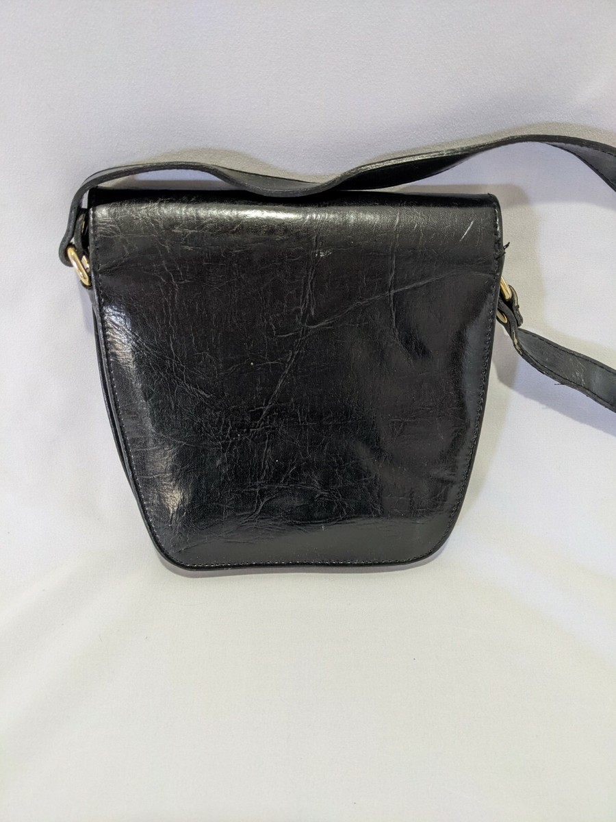 90's Sasha Black Leather Shoulder Purse/Bag Large Gold Shiny