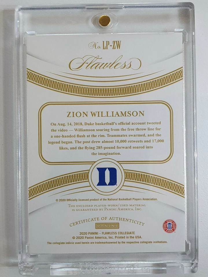 2019 Flawless Zion Williamson Rookie Patch #GOLD /10 (Two Color Game Worn) - GEM - Image 3 of 3