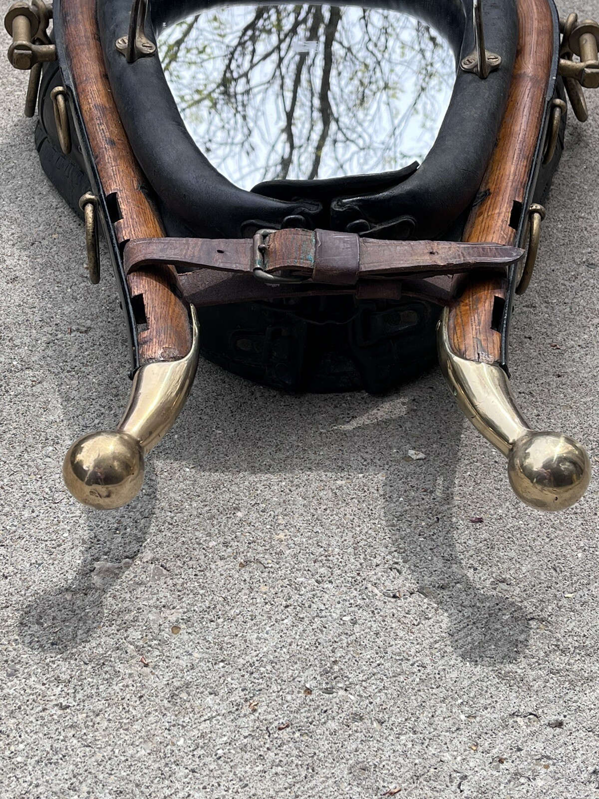 Vintage Leather Horse Collar Harness with Mirror, Wood and Brass