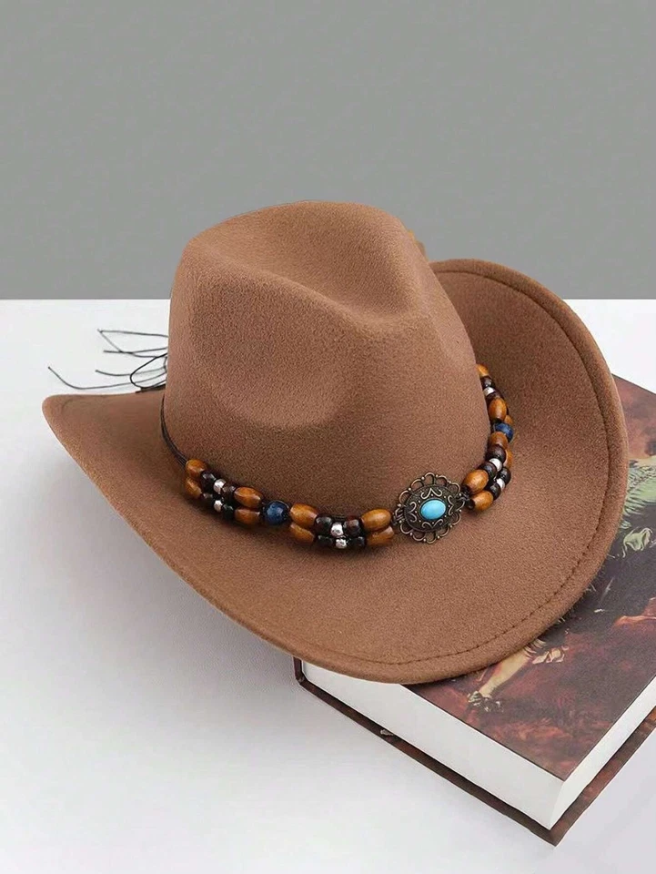 Chapéu de cowboy e cowgirl marrom claro, camelo – aba larga, alça de miçangas marrom, faroeste - Imagem 2 de 4