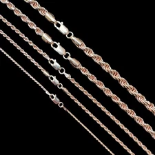 Real 14k Rose Gold Over Solid 925 Silver Rope Chain 1.5-6mm Necklace Mens Ladies